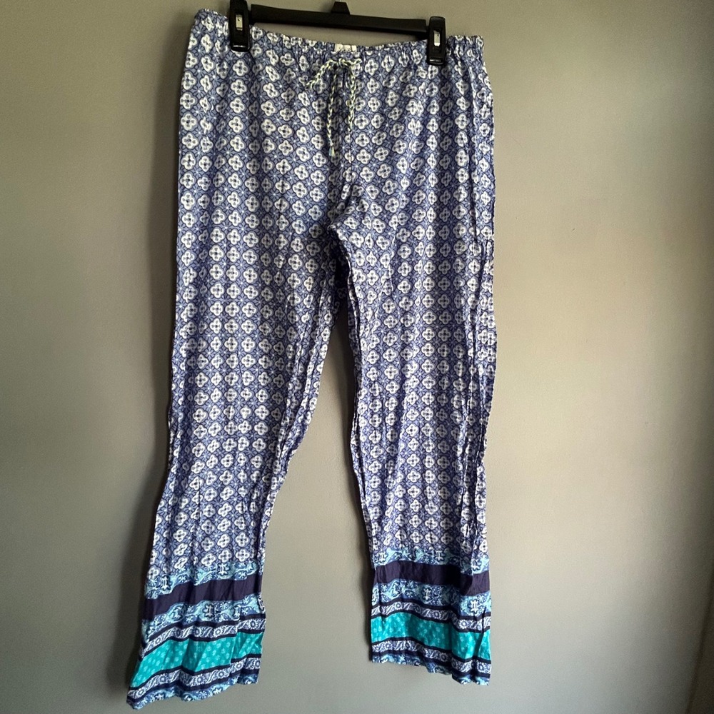 Lucky Brand Blue Geometric Print Cotton Lounge Pajama Pants Large Drawstring